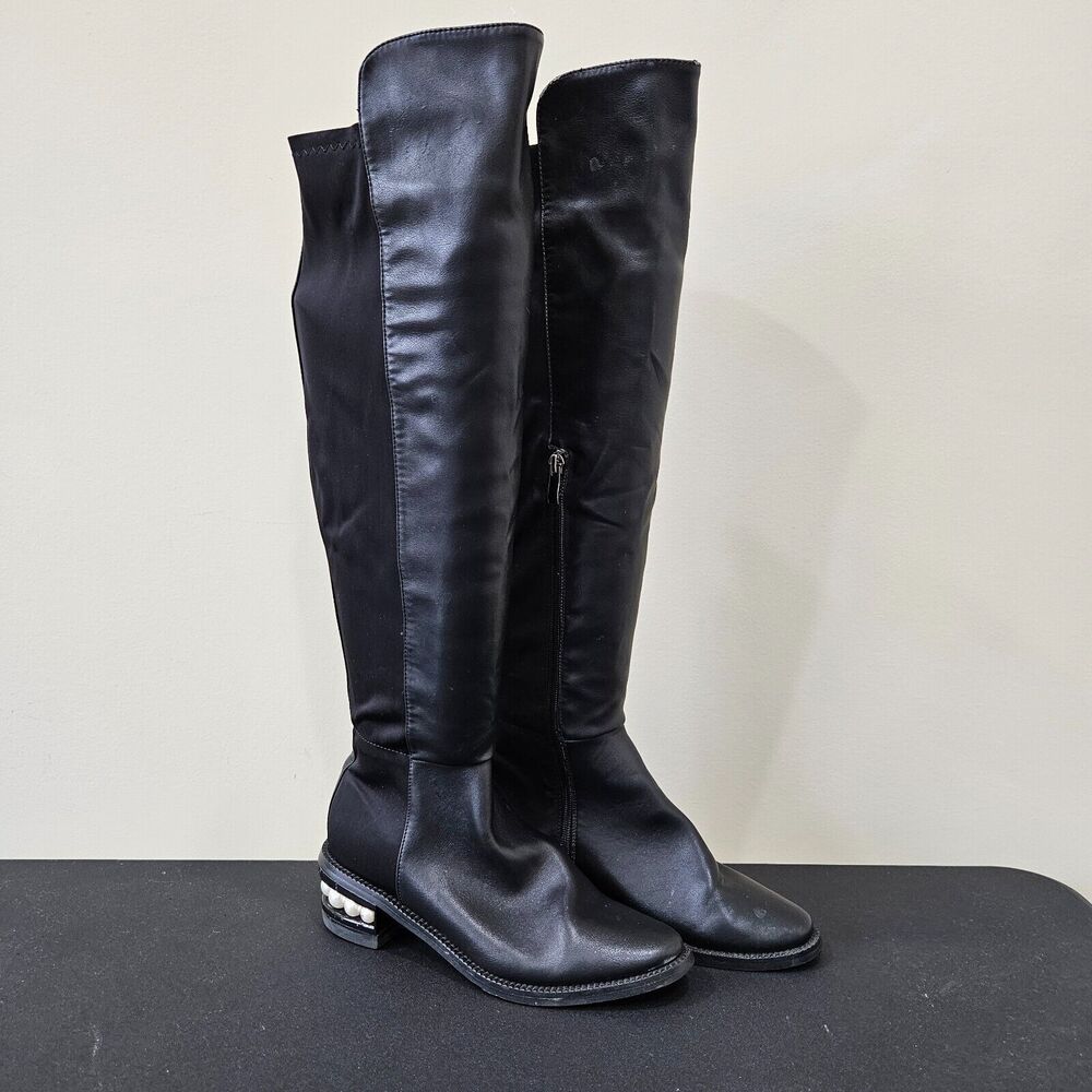 Catherine Malandrino Tallie Pearlen Faux Leather Over the Knee Boots Black 7.5